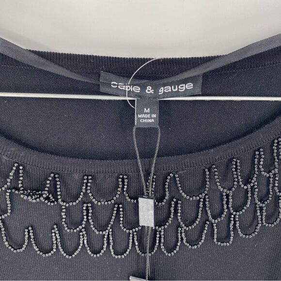 Cable & Gauge Women’s Round Neck 3/4 Sleeve Beaded Front Sweater size M Black - Picture 2 of 3